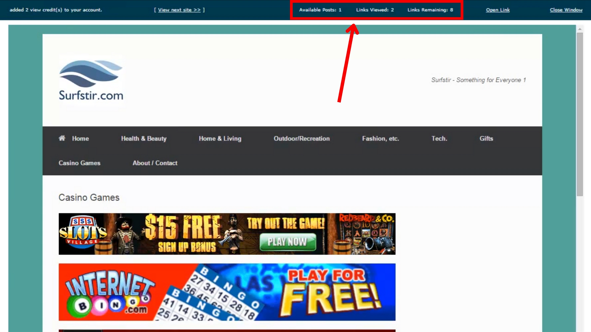 Screenshot of website being viewed and credits being earned identified on the top with an arrow